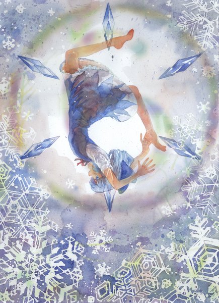 Anime picture 1153x1589 with touhou cirno misawa hiroshi single tall image short hair blue hair profile barefoot traditional media falling gymnastics girl bow hair bow snowflake (snowflakes) crystal ice