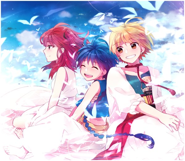 Anime picture 1600x1400 with magi the labyrinth of magic a-1 pictures morgiana aladdin (magi) ali baba saluja hoshiyui tsukino (artist) open mouth blonde hair smile sitting brown eyes blue hair sky cloud (clouds) red hair eyes closed profile pink eyes multiple boys one side up