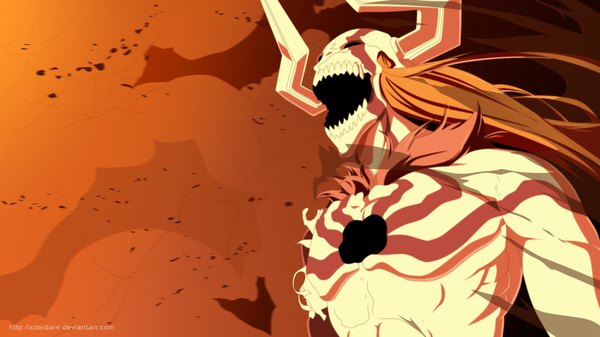 Anime picture 1920x1080 with bleach studio pierrot kurosaki ichigo xdeidar4 single long hair highres open mouth wide image horn (horns) black eyes orange hair tattoo coloring smoke muscle screaming boy mask