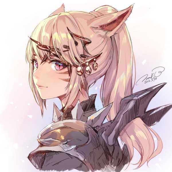 Anime picture 1000x1000 with final fantasy final fantasy xiv square enix miqo'te momoko (momopoco) single long hair looking at viewer fringe blonde hair smile signed animal ears payot upper body pink eyes looking back lips cat ears cat girl