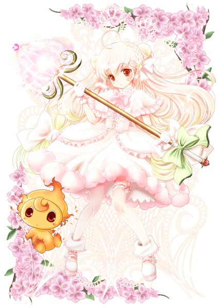 Anime picture 1191x1684 with original chize single long hair tall image blonde hair red eyes ahoge girl dress flower (flowers) bow frills staff