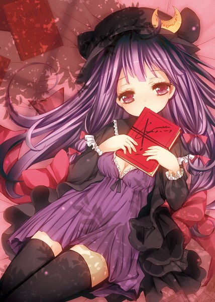 Anime picture 914x1280 with touhou patchouli knowledge catbell long hair tall image looking at viewer red eyes purple hair girl thighhighs dress bow black thighhighs hair bow frills book (books) bonnet