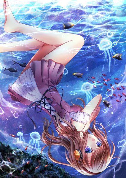 Anime picture 1800x2542 with original nishijou myu single long hair tall image looking at viewer highres blue eyes brown hair underwater girl dress headphones bubble (bubbles) fish (fishes)