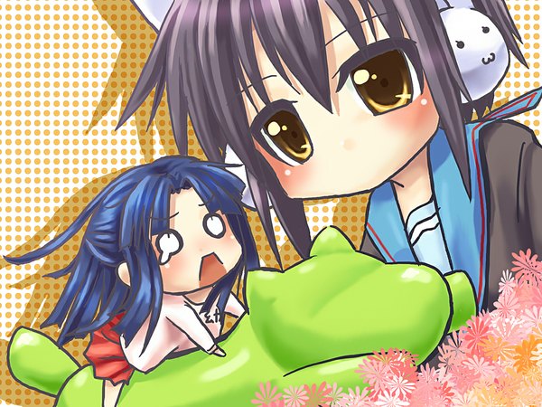 Anime picture 1152x864 with suzumiya haruhi no yuutsu kyoto animation nagato yuki asakura ryouko chibi o o girl