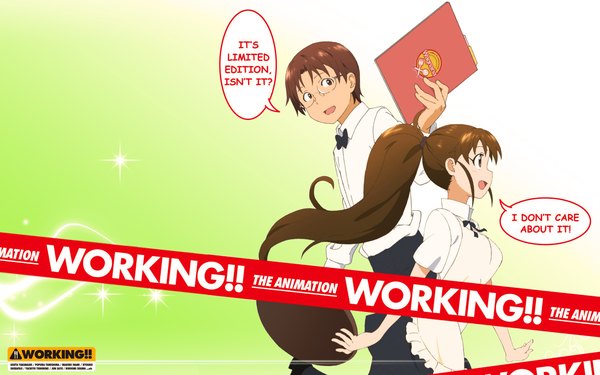Anime picture 1920x1200 with working!! a-1 pictures taneshima popura takanashi souta highres wide image waitress waiter speech bubble