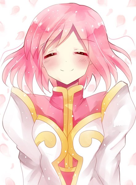 Anime picture 591x802 with tales of (series) tales of vesperia estellise sidos heurassein megu (littlestar) single tall image blush short hair smile white background pink hair upper body eyes closed floating hair happy ^ ^ girl petals