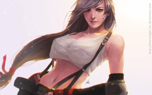 Anime picture 800x500 with final fantasy final fantasy vii square enix tifa lockhart overweight-cat single long hair looking at viewer fringe breasts large breasts white background signed cleavage tail nail polish parted lips light smile wind lips