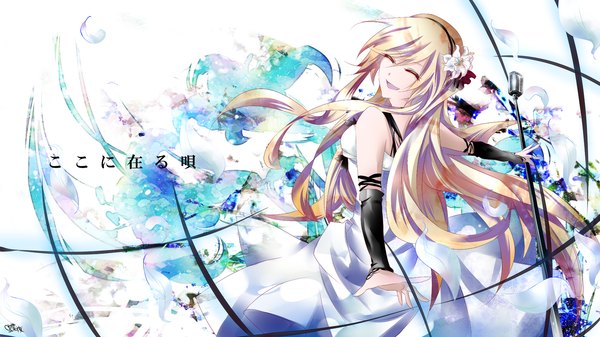 Anime picture 1600x900 with vocaloid lily (vocaloid) tyouya single long hair fringe open mouth blonde hair smile wide image eyes closed looking back hair flower inscription hieroglyph girl dress hair ornament flower (flowers) microphone