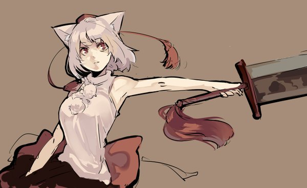 Anime picture 2893x1779 with touhou inubashiri momiji muneneko single highres short hair simple background red eyes wide image bare shoulders animal ears looking away white hair tail animal tail outstretched arm wolf ears brown background wolf tail wolf girl