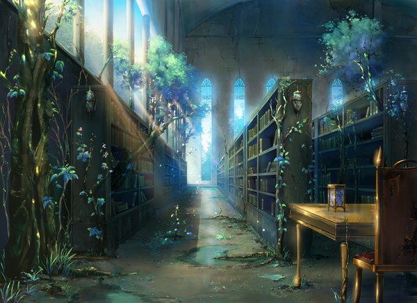 Anime picture 1000x729 with original gahakuna kuroneko sky rain no people landscape nature flower (flowers) plant (plants) water window book (books) leaf (leaves) building (buildings) grass chair table lamp shelf bookshelf