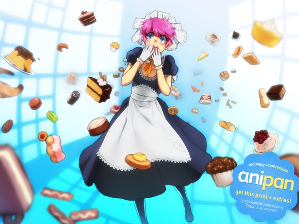 Anime picture 1200x900 with feguimel single blush short hair open mouth blue eyes pink hair maid girl dress gloves uniform food sweets cake pudding