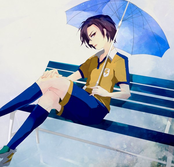 Anime picture 1284x1236 with inazuma eleven go minamisawa atsushi single fringe short hair black hair sitting brown eyes profile hair over one eye sky print boy uniform socks umbrella gym uniform bench