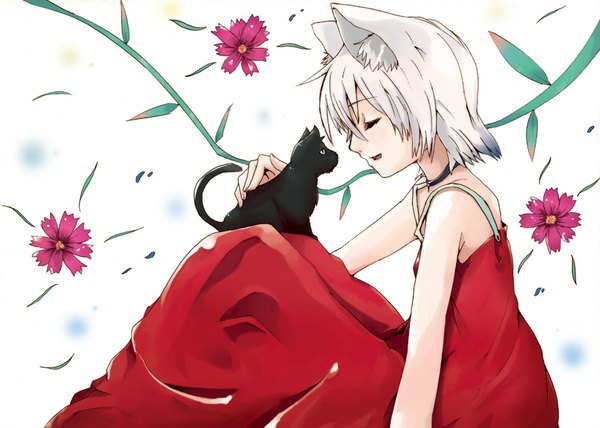 Anime picture 1194x853 with original hrd short hair sitting bare shoulders animal ears white hair eyes closed profile girl flower (flowers) cat sundress cosmos (flower)