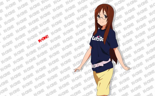 Anime picture 1920x1200 with k-on! kyoto animation yamanaka sawako single long hair highres brown hair wide image brown eyes clothes writing girl glasses belt t-shirt