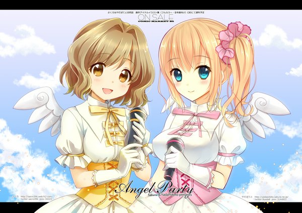 Anime picture 1131x800 with original yadapot looking at viewer blush short hair open mouth blue eyes blonde hair brown hair multiple girls brown eyes girl dress 2 girls wings microphone