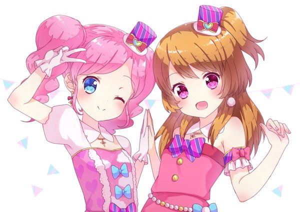 Anime picture 900x636 with aikatsu! oozora akari amahane madoka reta (honoka1230zero) long hair looking at viewer blush open mouth blue eyes smile brown hair white background twintails bare shoulders multiple girls pink hair one eye closed pink eyes wink one side up