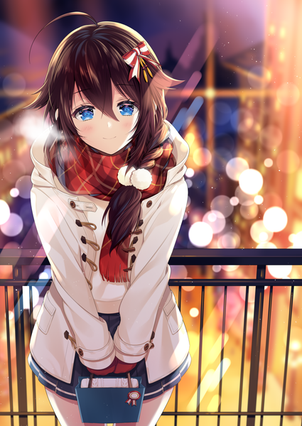 Anime picture 1000x1412 with kantai collection shigure destroyer necomi (gussan) single long hair tall image looking at viewer blush blue eyes brown hair braid (braids) girl bow hair bow jacket scarf
