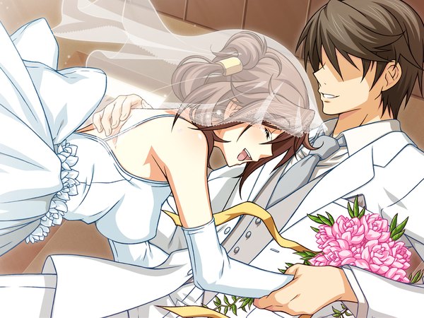 Anime picture 1280x960 with remember short hair open mouth brown hair game cg eyes closed girl dress boy gloves flower (flowers) elbow gloves wedding dress