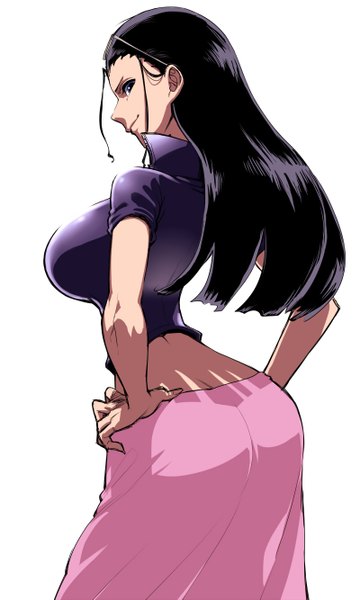 Anime picture 800x1333 with one piece toei animation nico robin space jin single long hair tall image looking at viewer light erotic black hair simple background smile white background purple eyes profile shadow hands on hips girl skirt sunglasses
