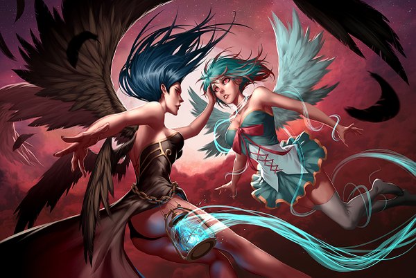 Anime picture 1200x805 with quirkilicious fringe short hair breasts light erotic red eyes bare shoulders multiple girls blue hair sky bent knee (knees) red hair parted lips multicolored hair two-tone hair magic face to face lacing black wings hand on another's face