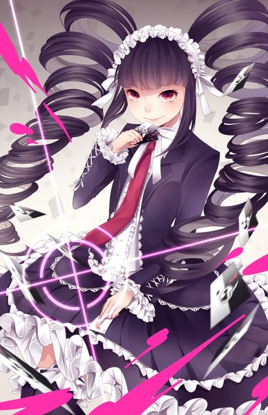 Anime picture 970x1500 with dangan ronpa monokuma celestia ludenberg aya (artist) aya (8819062) single long hair tall image looking at viewer blush black hair smile twintails pink eyes lips drill hair lolita fashion gothic girl thighhighs