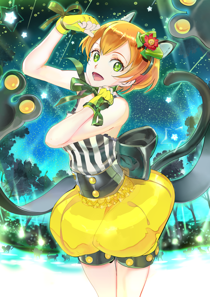 Anime picture 850x1200 with love live! school idol project sunrise (studio) love live! hoshizora rin 119 single tall image looking at viewer short hair open mouth bare shoulders green eyes animal ears tail animal tail cat ears orange hair night cat tail night sky