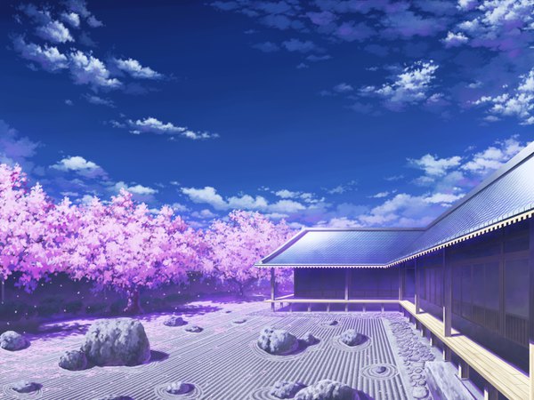 Anime picture 1280x960 with touhou aoha (twintail) sky cloud (clouds) shadow cherry blossoms no people plant (plants) petals tree (trees) stone (stones) japanese house