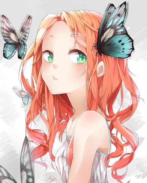 Anime picture 1024x1280 with original ushinawaretacho single long hair tall image looking at viewer blush breasts bare shoulders green eyes orange hair grey background turning head flat chest girl dress hair ornament white dress insect butterfly