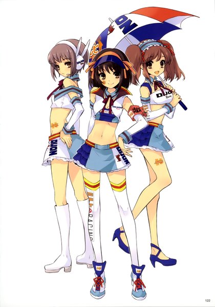 Anime picture 4723x6741 with suzumiya haruhi no yuutsu kyoto animation suzumiya haruhi nagato yuki asahina mikuru long hair tall image looking at viewer highres short hair simple background smile brown hair standing white background twintails bare shoulders multiple girls yellow eyes absurdres