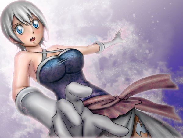 Anime picture 1575x1189 with fairy tail lisanna strauss gray fullbuster (artist) single short hair open mouth blue eyes simple background white hair tattoo coloring girl dress gloves elbow gloves