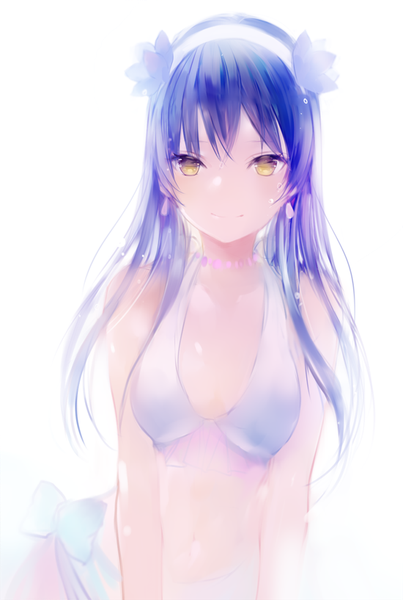 Anime picture 550x817 with love live! school idol project sunrise (studio) love live! sonoda umi lpip single long hair tall image looking at viewer blush fringe simple background smile standing white background bare shoulders yellow eyes purple hair bare belly girl
