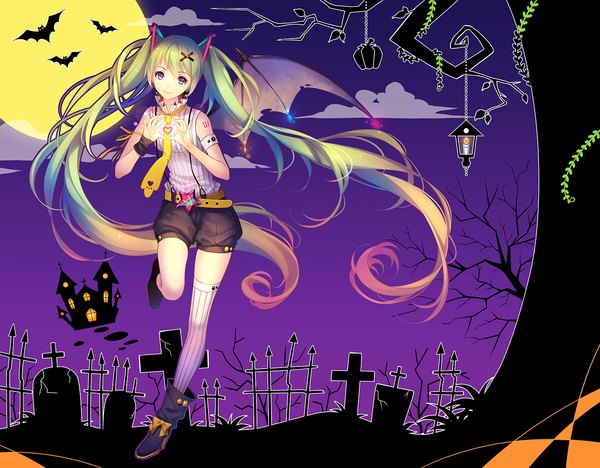Anime picture 1600x1249 with vocaloid hatsune miku tidsean single looking at viewer twintails sky very long hair multicolored hair green hair teeth fang (fangs) tattoo sleeveless evening gradient hair halloween bat wings bare tree heart hands