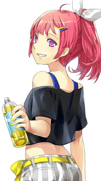 Anime picture 562x1000 with original shionty single long hair tall image simple background smile white background bare shoulders ponytail red hair nail polish pink eyes + + girl hair ornament bow hair bow hairclip bottle