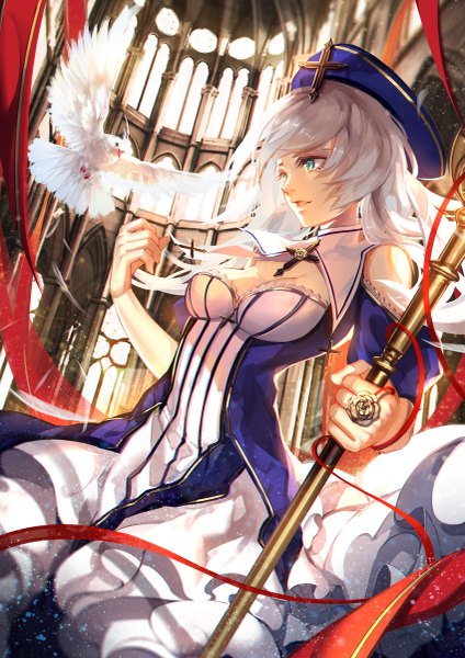 Anime picture 849x1200 with original skade single long hair tall image fringe breasts open mouth smile holding looking away cleavage silver hair indoors profile aqua eyes from below short sleeves puffy sleeves outstretched arm