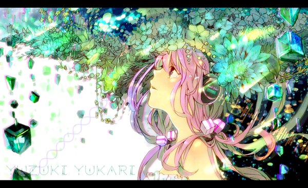 Anime picture 1600x979 with vocaloid yuzuki yukari gon (gororingo) single long hair open mouth wide image twintails bare shoulders looking away pink hair pink eyes sunlight low twintails letterboxed girl flower (flowers) plant (plants) headphones scrunchie