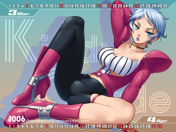 Anime picture 1280x960 with kiddy grade gonzo short hair breasts light erotic large breasts blue hair cleavage aqua eyes midriff spread legs wallpaper lipstick underboob striped 2006 calendar 2006 spandex earrings choker
