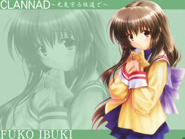 Anime picture 1024x768 with clannad key (studio) ibuki fuuko single long hair looking at viewer brown hair holding brown eyes payot head tilt pleated skirt copyright name character names low ponytail zoom layer green background girl skirt uniform