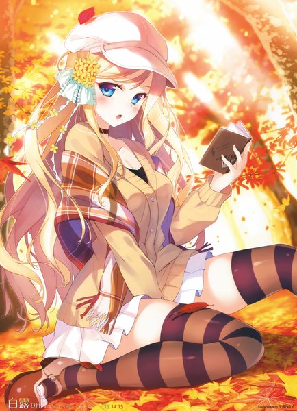 Anime picture 4699x6500 with original hayakawa harui single long hair tall image looking at viewer blush highres open mouth blue eyes blonde hair absurdres hair flower scan girl thighhighs skirt hair ornament flower (flowers) plant (plants)