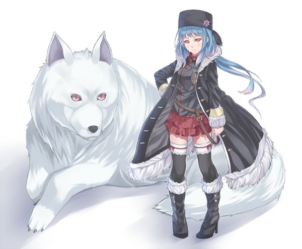 Anime picture 1212x1000 with original ray-akila long hair blush red eyes white background blue hair hand on hip girl thighhighs black thighhighs animal boots coat cap wolf