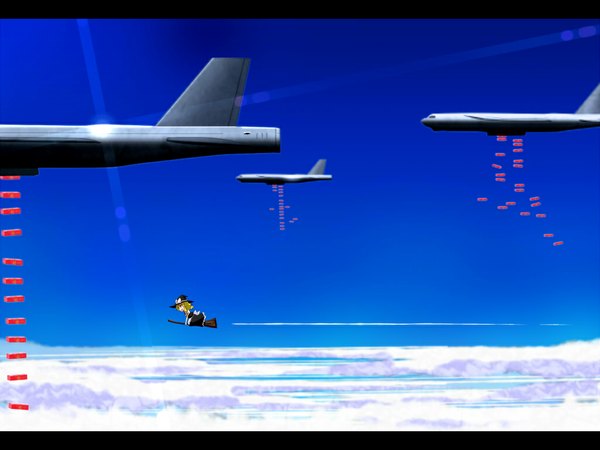 Anime picture 1024x768 with touhou kirisame marisa tsuyuki (yukitgraph) sky flying girl broom aircraft airplane