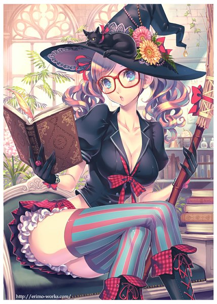 Anime picture 800x1120 with original nishimura eri single long hair tall image looking at viewer blue eyes blonde hair twintails witch girl thighhighs dress gloves flower (flowers) hat animal glasses boots book (books)
