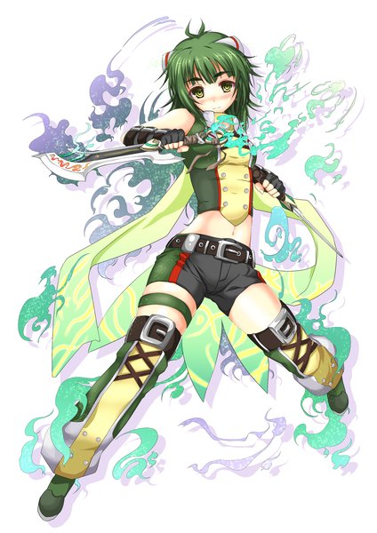 Anime picture 1447x2046 with cu-no nonono futaba hisenkaede single tall image blush short hair simple background green eyes green hair girl weapon sword shorts belt
