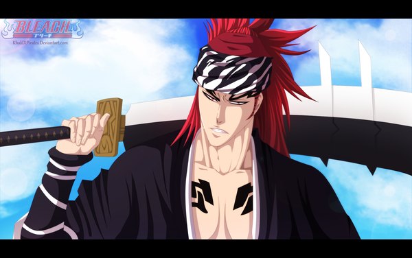 Anime picture 1942x1218 with bleach studio pierrot abarai renji khalilxpirates single long hair highres red eyes sky cloud (clouds) ponytail red hair traditional clothes japanese clothes inscription tattoo coloring boy weapon kimono