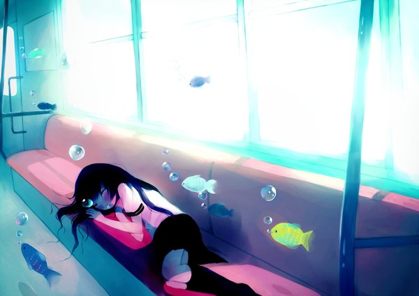 Anime picture 1500x1060 with tamayo (artist) black hair underwater sleeping dreaming girl fish (fishes) train