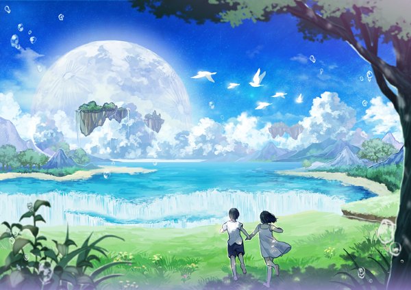 Anime picture 1157x818 with original amemura short hair black hair sky cloud (clouds) barefoot from behind couple back holding hands mountain landscape running waterfall floating island flock girl boy plant (plants)