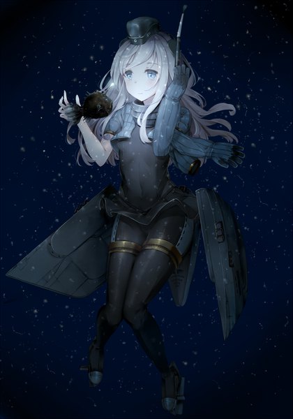 Anime picture 841x1200 with kantai collection u-511 submarine somalisu single long hair tall image fringe blue eyes looking away silver hair full body bent knee (knees) puffy sleeves character names floating hair covered navel underwater glow knees together feet apart girl