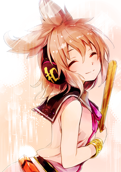 Anime picture 563x800 with touhou toyosatomimi no miko makuwauri single tall image blush short hair simple background smile brown hair white background bare shoulders eyes closed ^ ^ girl bracelet headphones