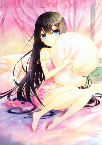 Anime picture 2132x3041 with original fuumi (radial engine) single long hair tall image looking at viewer highres blue eyes black hair very long hair barefoot scan bare legs hug girl pillow nightie