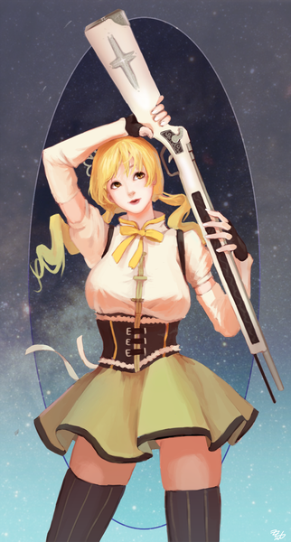 Anime picture 644x1200 with mahou shoujo madoka magica shaft (studio) tomoe mami zzing single long hair tall image blush open mouth blonde hair smile twintails brown eyes lips drill hair underbust girl thighhighs dress gloves