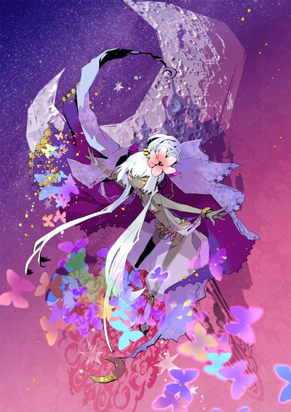 Anime picture 1062x1500 with original pixiv fantasia gin (oyoyo) single long hair tall image yellow eyes white hair hair flower dark skin spread arms crescent girl hair ornament bracelet insect butterfly bikini top